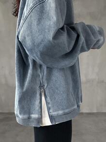 FRIFUL 女士秋季休闲牛仔宽松圆领落肩长袖口袋衬衫，秋季女装 - 藍色 - 查看 2