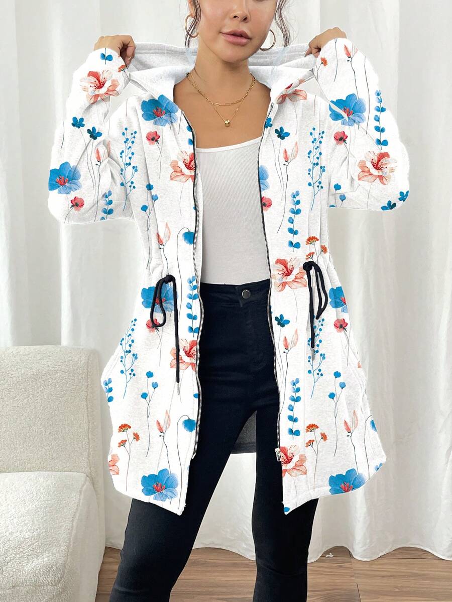 SHEIN LUNE Women Floral Print Drawstring Zip Up Hoodie Jacket, Casual - Multicolor - View 1