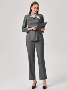 TaskEZ Conjunto de uniforme de trabajo con camisa de manga raglán y pantalones de unicolor, con lazo decorativo en el lateral, blusa de manga corta y pantalones en conjunto de 2 piezas. Traje profesional elegante para damas en oficina, recepción de hotel, salón de belleza, técnica de uñas. Ropa de trabajo