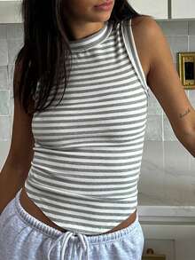 Summer Women's Back Splicing Design Commuter Chic Striped Print Sleeveless Slim Vest Top - Grey - View 2