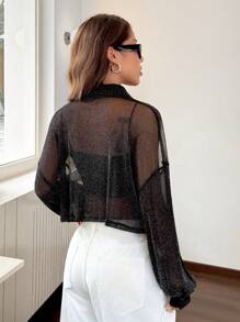 SHEIN EZwear 女式透明亮片落肩长袖短款衬衫，秋季 - 黑色 - 查看 2