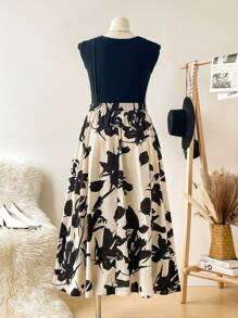 SHEIN Frenchy 大码休闲简约印花高腰喇叭下摆长款杏色蝴蝶结束腰裙子女式 - 杏色 - 查看 2