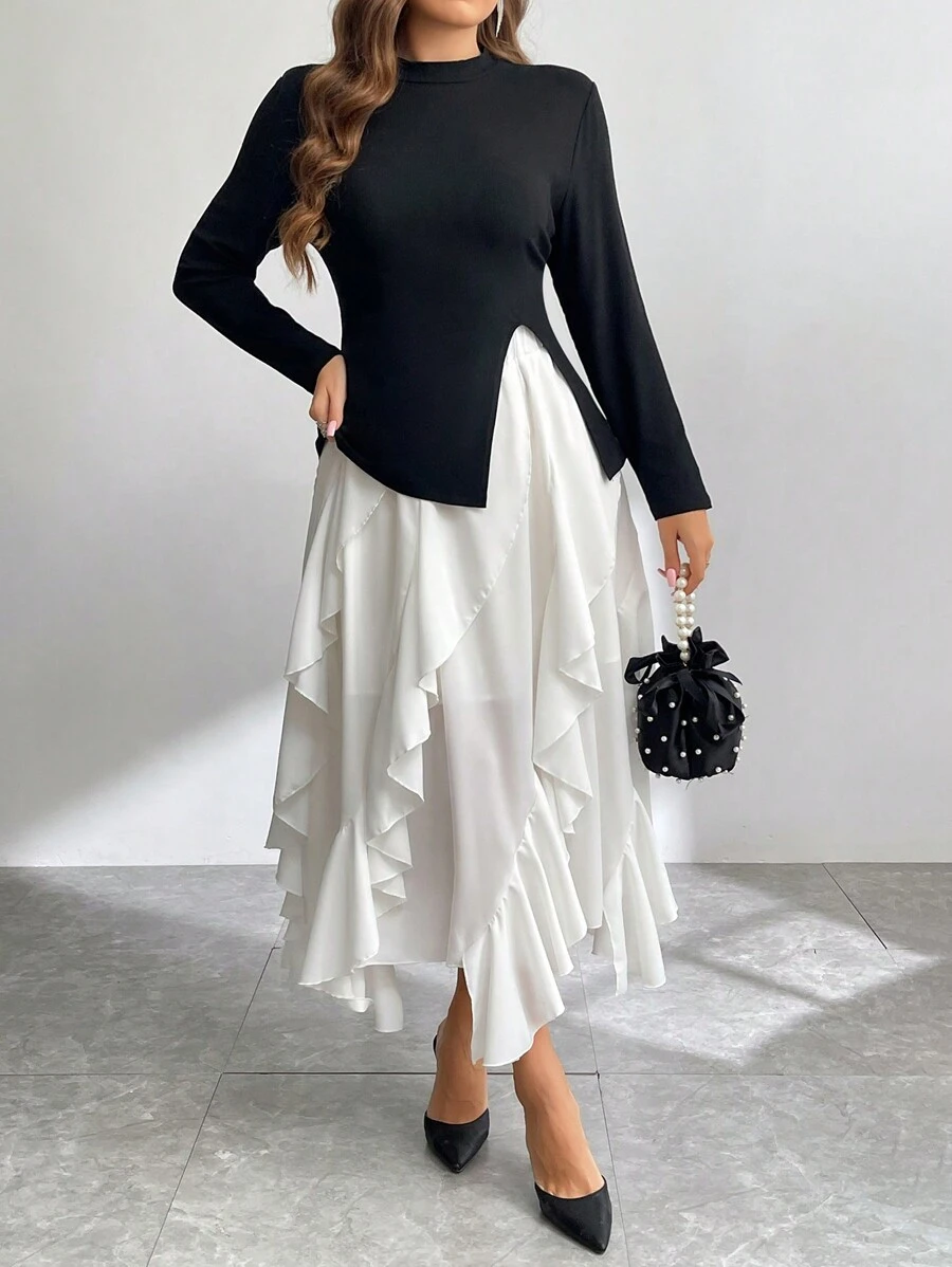 SHEIN Privé Plus Size High-Neck Split T-Shirt & Pleated Mid-Length Skirt 2 Pieces Set - Multicolor - View 1