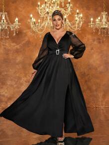 SHEIN Belle Plus Size Black Handmade Embroidered 3D Pearls Satin & Denim A-Line Slit Elegant Formal Evening Gown, Long Sleeve Prom Dress, For Wedding Guest, Graduation, Dinner