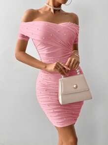 Firerie Women's White Open Shoulder Short Sleeve Bubble Faux Pearl Fitted Dress,Pastel Dresses For Women - Pink - View 4