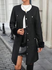 Chiquease Women's Solid Color Round Neck Fluffy Sleeve Metal Button Elegant Knitted Coat, Autumn Winter Fall Cloth For Women