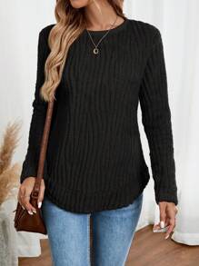 EMERY ROSE 女士纯色羊毛圆领运动衫，秋冬季休闲款 - 黑色 - 查看 4