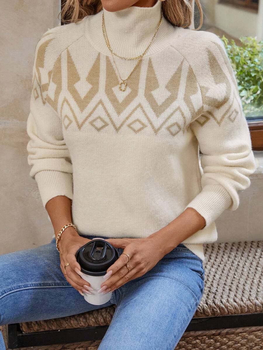 EMERY ROSE Women's Casual Geometric Pattern Turtleneck Raglan Sleeve Sweater For Autumn Fall & Winter - Brown - View 1