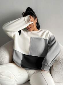 SHEIN EZwear Áo nỉ dáng rộng màu khối lớn thả vai cho thường ngày, mùa thu - Xám - Xem 6