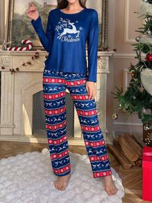 CoupledUp Reindeer Print Loose Long Sleeve Top & Pants Pajama Set For Women, For Christmas, Fall Winter Clothes - Blue - View 6