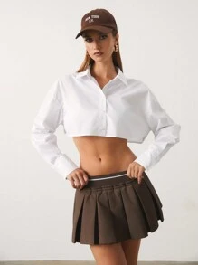 SHEIN Unity 女式棕色百褶裙，带弹性腰部衬里，秋冬 A 字迷你裙 - 卡其色 - 查看 5