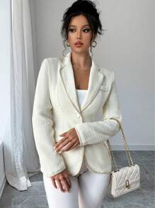 SHEIN Unity 1pc Plain Thick Knitted Cloth Lapel Collar Flap Detail Tape Trim Long Sleeve Overcoat - Apricot - View 3