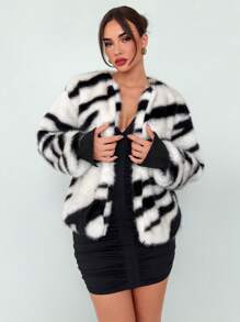 Aloruh Chaqueta casual suelta y elegante con estampado de cebra, chaqueta de piel de estilo retro para mujer, apta para otoño e invierno - Multicolor - Ver 5