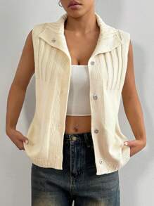 Flirla Women's Casual Solid Color Front Button Knitted Sweater Vest, Autumn/Winter - Apricot - View 6