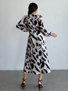 SHEIN Tall Women's Midi Boy Woven Dress With Leopard Print - Multicolor - View 2