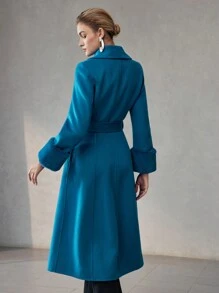 MOTF PREMIUM WOOL SHAWL COLLAR FLUFFY CUFF BELTED OVERCOAT - Blue - View 7