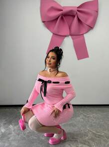 SHEIN SXY Plus Size Women's Sweet Bowknot Colorblock Decor Off Shoulder Black Sweater Dress, For Winter - Pink - View 5