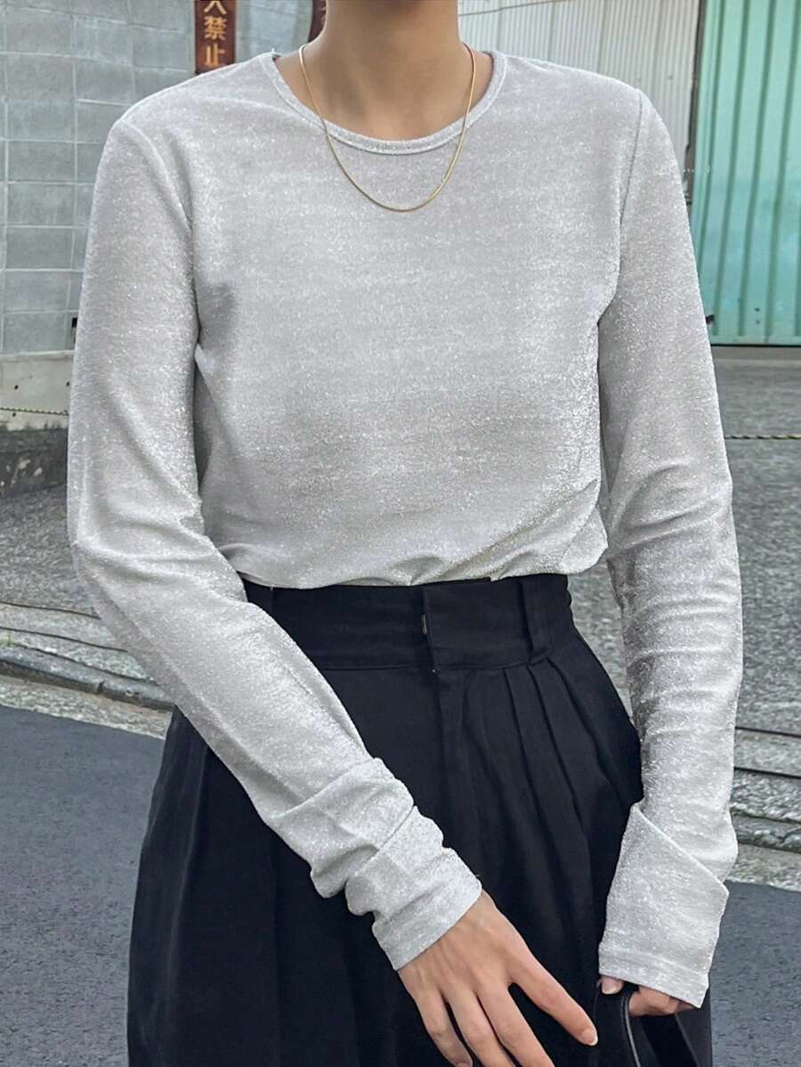 FRIFUL Women Crew Neck Long Sleeve Fitted Shiny Casual T-Shirt - White - View 1