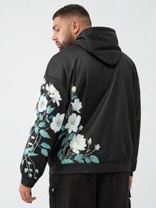 Mainfolk 大码男士宽松花卉印花休闲连帽毛衣，适合秋冬 - 黑色 - 查看 3