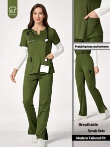 TaskEZ Bộ đồng phục tẩy tế bào chết 2 món cho nữ: Áo thun tay ngắn cổ chữ V trơn có túi và quần - Màu xanh Ô liu - Xem 1