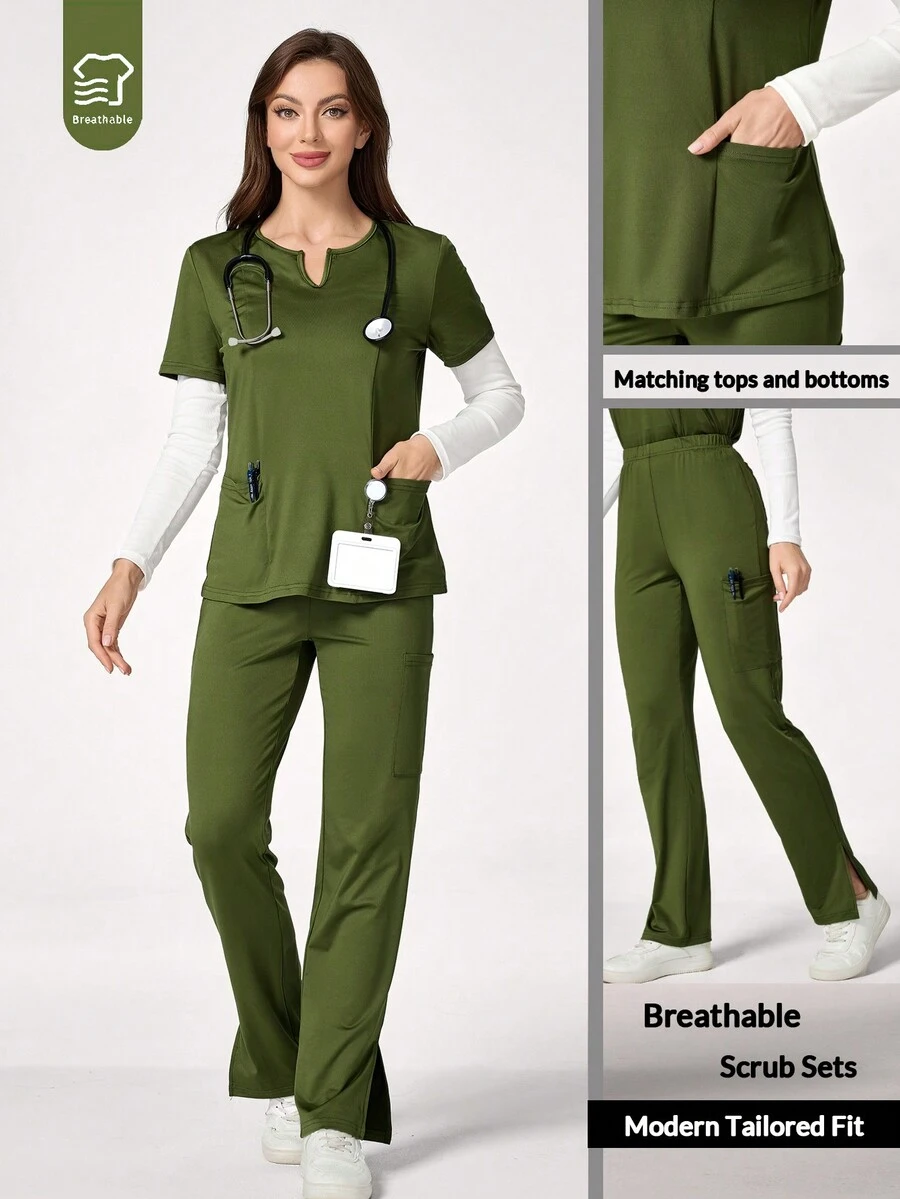 TaskEZ Bộ đồng phục tẩy tế bào chết 2 món cho nữ: Áo thun tay ngắn cổ chữ V trơn có túi và quần - Màu xanh Ô liu - Xem 1