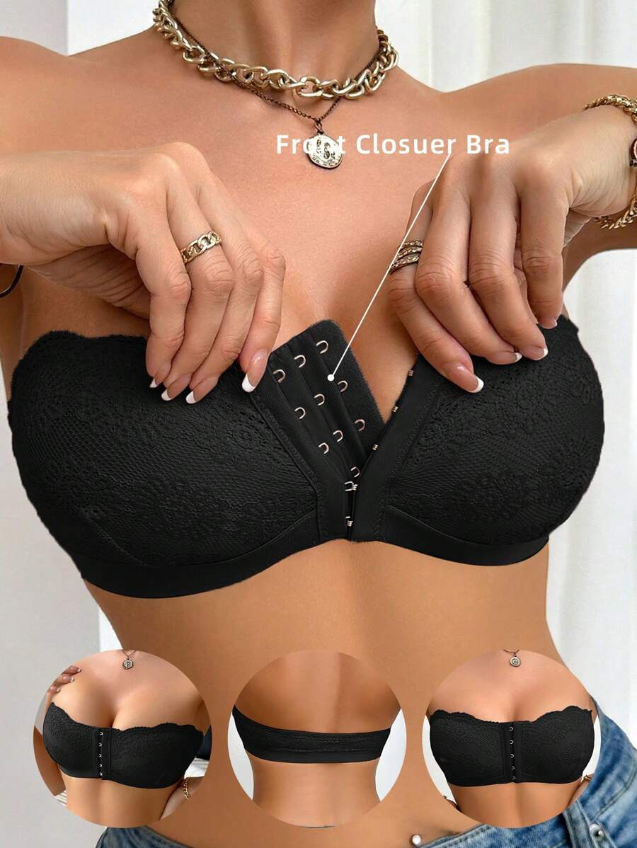 1 chiếc áo ngực ren không dây hở phía trước dành cho nữ - màu đen - Xem 1