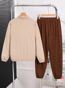 2pcs/Set Tween Boys' Casual Daily Letter Print Pattern Stand Collar Half-Zip Pullover Long Sleeve Top And Solid Color Drawstring Pants Woven 2 Pieces Outfit, Suitable For School, Garden, Beach, Birthday, Spring, Summer, Autumn, Winter