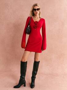 Poéselle 女式花卉贴花 V 领长袖毛衣裙、长袖连衣裙、2024 秋冬、冬装、蓬松、性感红色连衣裙、圣诞节、节日服装、秋季毛衣裙、厚针织衫 2024 秋冬 - 紅色 - 查看 1