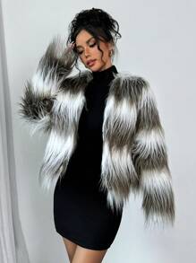 SHEIN Privé Women Two-Tone Long Sleeve Short Fluffy Coat - Multicolor - View 5
