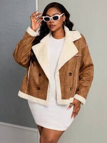 Slaydiva Plus Size Casual Double-Breasted Fluffy Jacket, Autumn/Winter - Coffee Brown - View 5