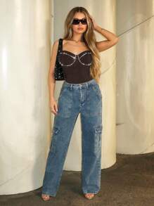 SHEIN BAE Women's Rhinestone Decorated Tight Fitting Bodysuit, Black, Suitable For Summer Event, Concerts - Coffee Brown - View 4