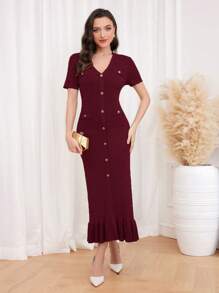 Modelyn Burgundy Red Women's Solid V-Neck Short Sleeve Single-Breasted Maxi Elegant Knitted Sweater Dress - Burgundy - View 5