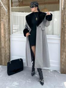 SHEIN Unity Plus Size Color-Block Fluffy Collar Long Coat, Autumn/Winter