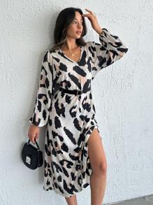 SHEIN Tall Women's Midi Boy Woven Dress With Leopard Print - Multicolor - View 6