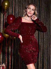 女士方领天鹅绒拼接珍珠羊腿袖修身迷你连衣裙，酒红色高领毛衣，适合各种场合，冬季圣诞派对时尚 - 酒紅色 - 查看 4