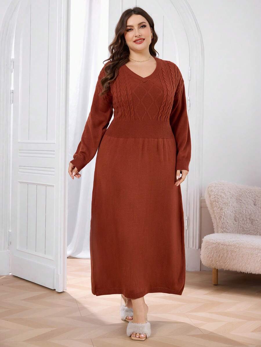 Modelyn Plus Size Women V-Neck Twist Cable Solid Color Dress - Redwood - View 1