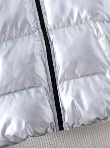 SHEIN Tween Girls Metallic Coated  Padded Short Stand Collar Jacket, Fashionable Streetwear, Casual, Personalized