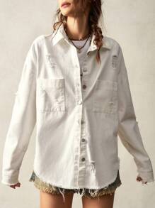 Bohemela 休闲纯色编织宽松落肩长袖女式夹克 - 白色 - 查看 4