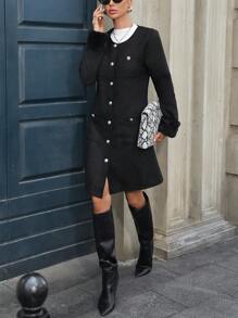 Chiquease Women's Solid Color Round Neck Fluffy Sleeve Metal Button Elegant Knitted Coat, Autumn Winter Fall Cloth For Women