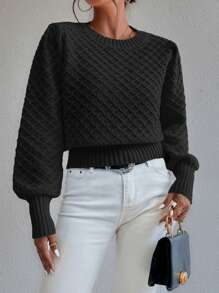 Chiquease 休闲日常纯色宽松针织套头毛衣，秋冬针织套头衫 - 黑色 - 查看 5