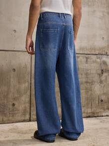 Forever 21 男式超宽腿宽松牛仔裤（重度水洗蓝）秋冬款 - 中等水洗藍 - 查看 3