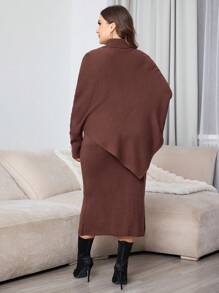 Mulvari Plus Size Solid Color High Neck Poncho Sweater & Skirt Set For Autumn/Winter, Fall Clothes - Coffee Brown - View 2