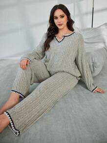 Conjunto de pijama informal y acogedor con textura esponjosa, asimétrico, de punto acanalado, cuello con muesca, parches y adornos florales, para otoño e invierno, tallas grandes - Albaricoque - Ver 4