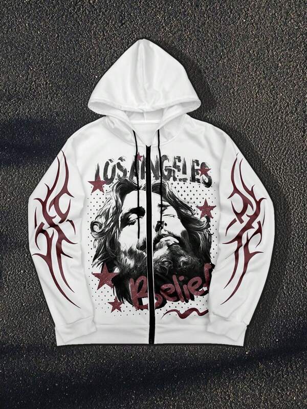 Manfinity EMRG Plus Size Men Letter & Figure Print Long Sleeve Zip Front Drawstring Hoodie Sweatshirt, Casual Autumn