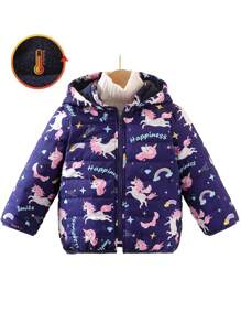 SHEIN Girls Casual Cute Daily Raglan Long Sleeve Loose Cartoon Unicorn & Rainbow Print Fleece Thickened Warm Hooded Jacket For Winter - Purple - View 7