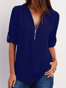 Women's Fashion Solid Color Short Sleeve Zip-Up Modest Shirt - Navy Blue - View 3