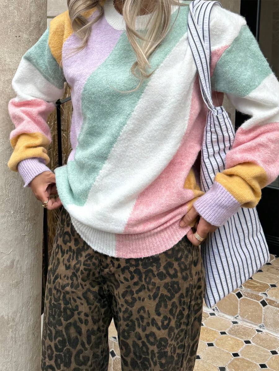 SHEIN Unity Vintage French Style Colorblock Loose Sweater For Women, Knit Pullover Fall Winter - Multicolor - View 1