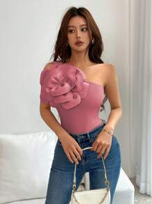 Islaluna Elegante Top sin mangas de un solo hombro con decoración floral 3D de unicolor