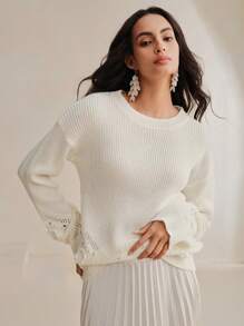 Anewsta Women Crochet Lace Drop Shoulder Loose Solid Color Sweater