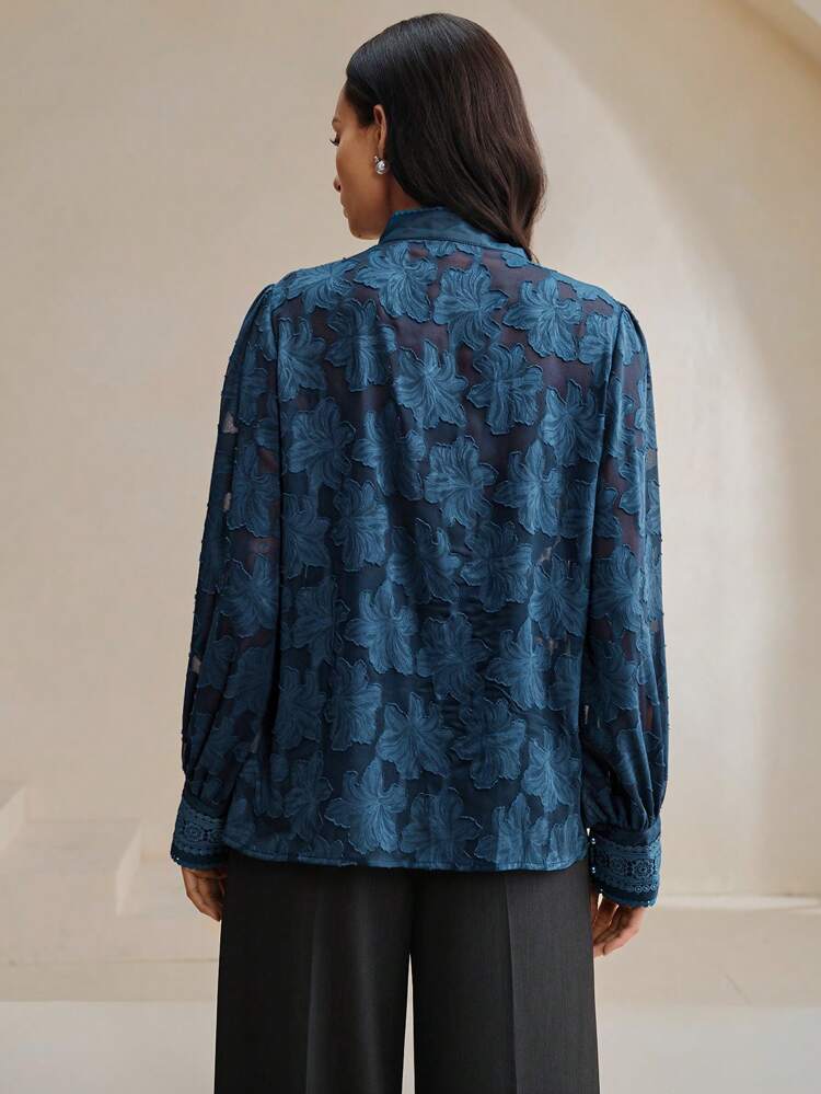 Blouse à encolure jacquard transparente en matériau élégant patchwork pour femmes, tops à manches longues